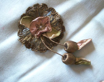 Exquisite antique metal edged applique with beautiful ribbon rosette of ombre metal silk