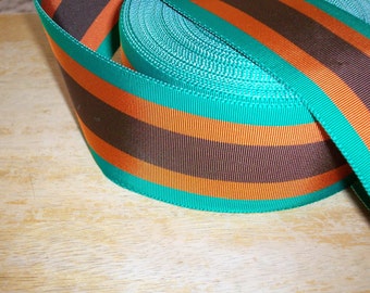 french vintage ribbon stripe  in shades of emerald, dusty orange and chocolate 1940's