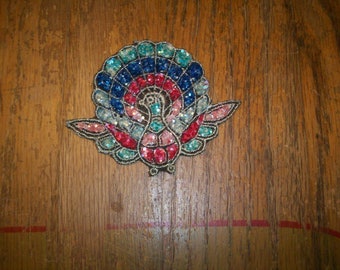 Antique Peacock applique of the 1920s authentic with metal threads in silver