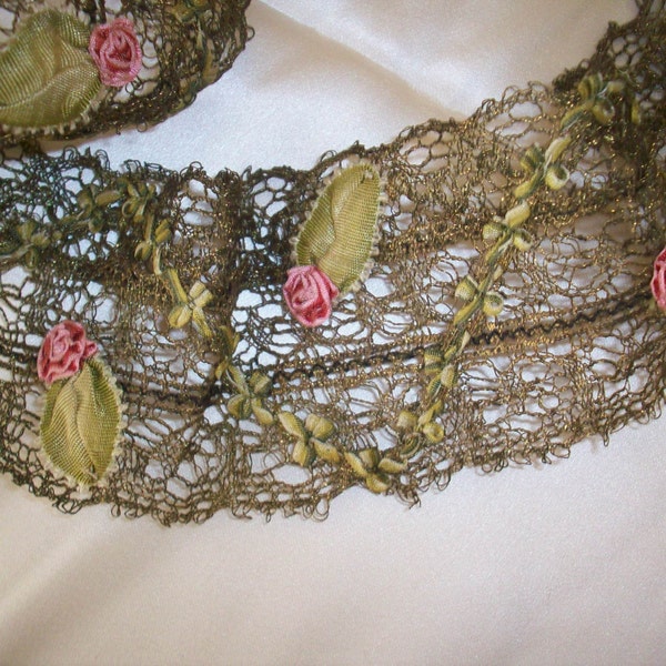 Breathtaking 2 1/4"wide x 4 1/8"  length french antique Ribbon work metal and silk ombre garland