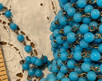 2 feet of vintage turquoise glass beads chain, more avail., rosary type beads