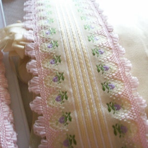 Gorgeous french ribbon trim with lilac rosebuds and pink fringe image 5