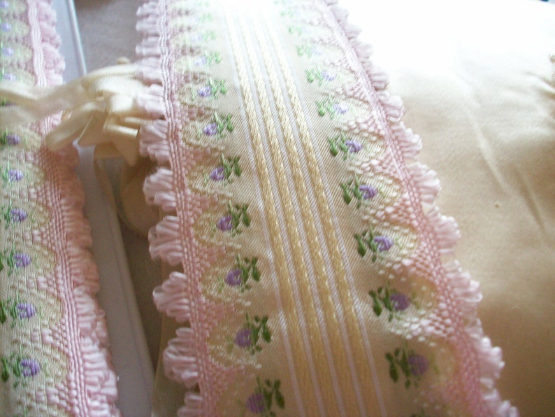 Gorgeous french ribbon trim with lilac rosebuds and pink fringe image 5