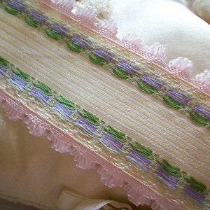 Gorgeous french ribbon trim with lilac rosebuds and pink fringe image 3