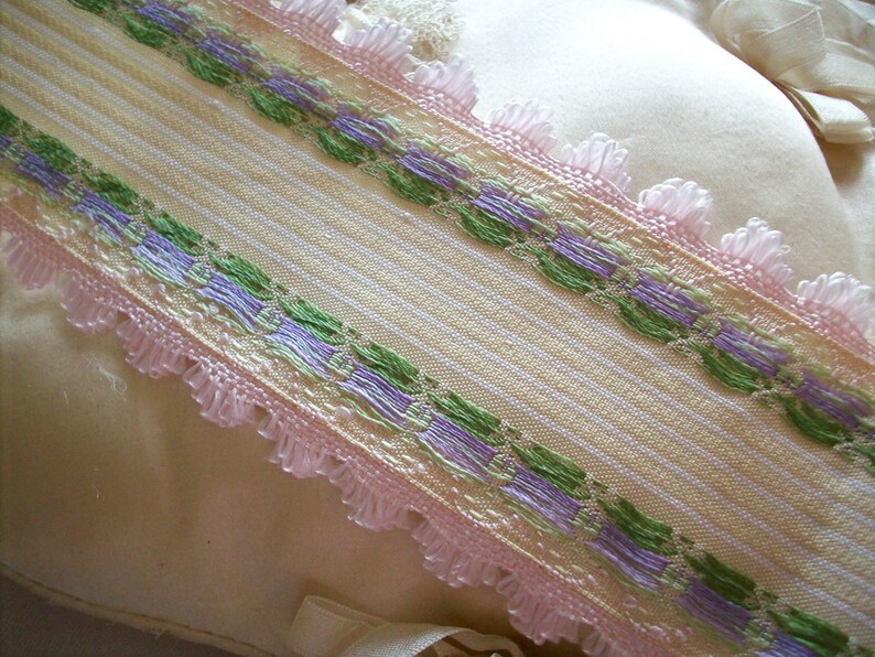 Gorgeous french ribbon trim with lilac rosebuds and pink fringe image 3