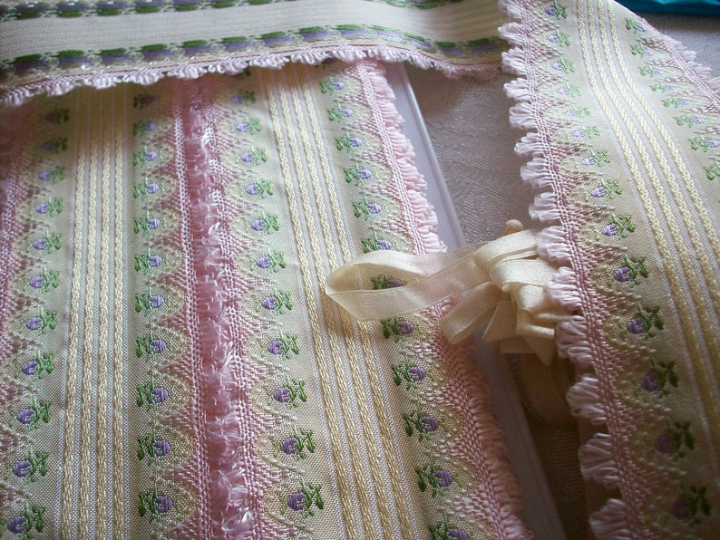 Gorgeous french ribbon trim with lilac rosebuds and pink fringe image 4