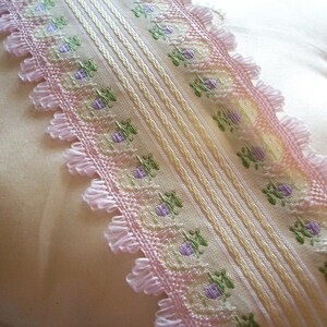 Gorgeous french ribbon trim with lilac rosebuds and pink fringe image 2