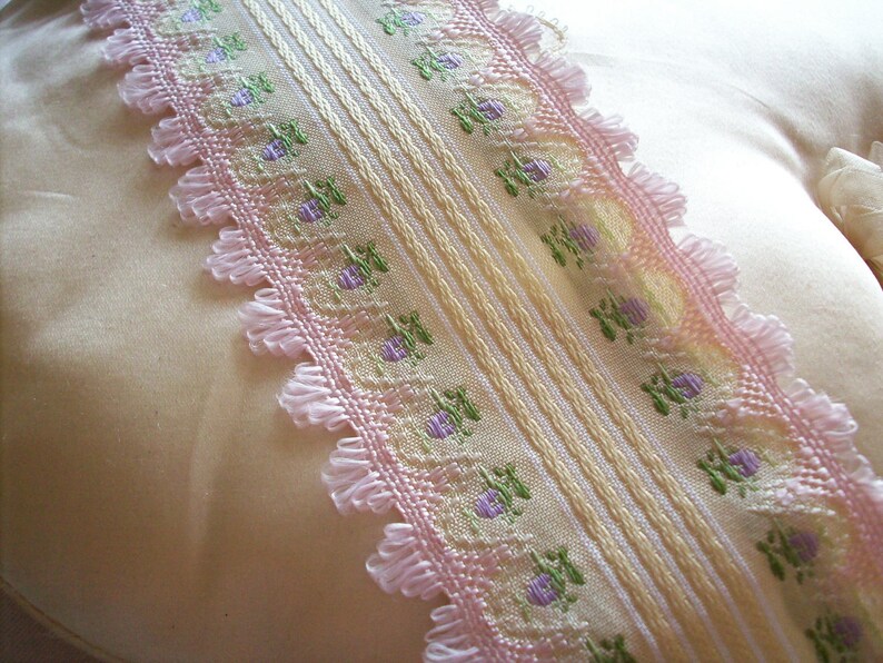 Gorgeous french ribbon trim with lilac rosebuds and pink fringe image 2