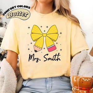 Personalized Back to School Teacher T- Shirt, Retro Teacher Coquette Pencil Bow Tee, First Day of School Teacher Gift, Teacher Matching Tees