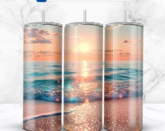 Beach Sunset Glitter 20oz Skinny Tumbler Design, Sublimation Design PNG - Digital Download