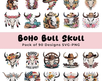 Zestaw clipartów Western Boho Bull Skull SVG, zachodni PNG, zachodnia sublimacja, sublimacja kwiatowej czaszki kowboja, kowbojka w stylu wiejskim, projekt nadruku