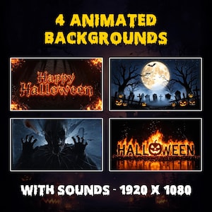 May include: Image featuring four animated Halloween backgrounds with the text "4 Animated Backgrounds" in yellow. The backgrounds include a fiery "Happy Halloween" message, a graveyard scene with a full moon, a vampire, and a fiery "Halloween" message. The text "With Sounds - 1920 X 1080" is also present.