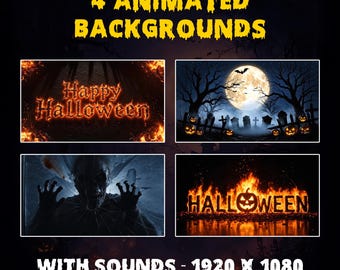 May include: Image featuring four animated Halloween backgrounds with the text "4 Animated Backgrounds" in yellow. The backgrounds include a fiery "Happy Halloween" message, a graveyard scene with a full moon, a vampire, and a fiery "Halloween" message. The text "With Sounds - 1920 X 1080" is also present.