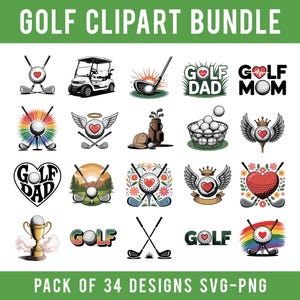 Golf Clipart Svg Bundle, Golfing SVG Bundle, Golf Quotes, Golf Dad Mom PNG, Golf Court Landscape, Golf Ball Heart, Golf Bag Icon, Golf Tee