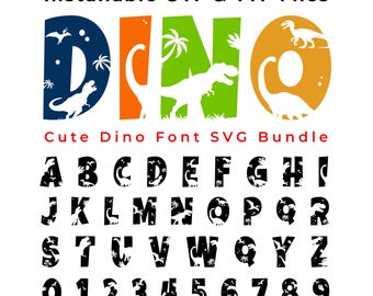 Pakiet SVG z alfabetem dinozaurów, czcionka TTF z dinozaurami, czcionka SVG i TTF z dinozaurami, litery i cyfry z dinozaurami w formacie SVG, plik do cięcia alfabetu dinozaurów jurajskich