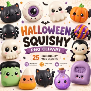 Peut inclure: Une collection numérique de 25 illustrations de personnages d'Halloween, incluant une citrouille chat noir, un globe oculaire, un fantôme, une citrouille chauve-souris orange, une araignée, un crâne, un vampire, un monstre, un bonbon et une tombe.