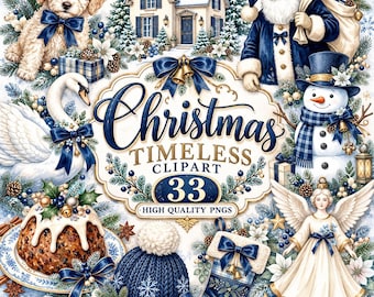 May include: A digital collection of Christmas-themed illustrations featuring a puppy, Santa Claus, a snowman, a swan, a Christmas pudding, a knit hat, a stocking, and an angel, all accented with blue bows and the text Christmas TIMELESS CLIPART 33.