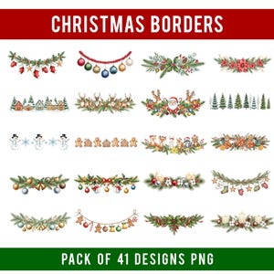 Può includere: Una collezione di bordi natalizi ad acquerello. L'immagine presenta vari elementi festivi come ornamenti, pupazzi di neve, omini di pan di zenzero e Babbo Natale. Il testo in alto recita "CHRISTMAS BORDERS" e in basso "PACK OF 41 DESIGNS PNG".