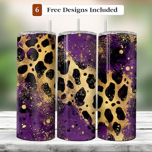 Purple and Golden Glittered Leopard Skinny Tumbler 20oz Design, Skinny Tumbler Wrap Design, Glittered Tumbler PNG - Digital Download