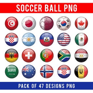May include: A collection of soccer balls featuring designs representing various countries. Each ball displays a country's flag or emblem, including the USA, Canada, and Mexico. The image includes the text "SOCCER BALL PNG" and "PACK OF 47 DESIGNS PNG".