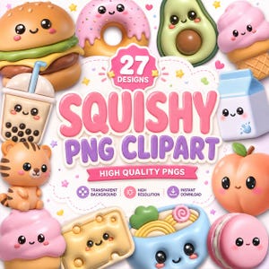 Peut inclure: Une collection numérique de 27 illustrations clipart de style squishy représentant des personnages alimentaires et animaux anthropomorphes mignons avec des visages souriants, incluant un burger, un donut, un avocat, une glace et un macaron.