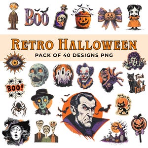 Vintage Halloween Aufkleber Clipart, trendige Horror Halloween Png, gruselige Saison Png, wählerische Schnitte, Clipart für Scrapbook, Journal, Geister Png