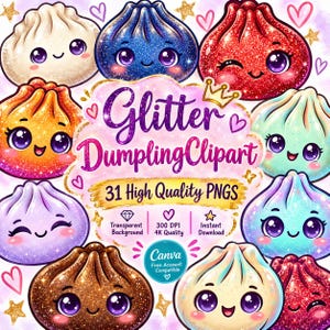 Può includere: Una collezione di illustrazioni di gnocchi glitterati con grandi occhi viola e volti sorridenti in vari colori, tra cui blu, rosso, arancione, viola e marrone. Il testo centrale recita Glitter Dumpling Clipart 31 High Quality PNGS.