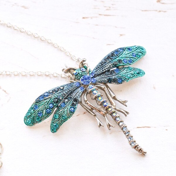Dragonfly Pendant Necklace - Vintage Pendant Dragonfly Necklace - Dragonfly Brooch Insect Necklace - Dragon Fly Insect Jewelry Peacock Color
