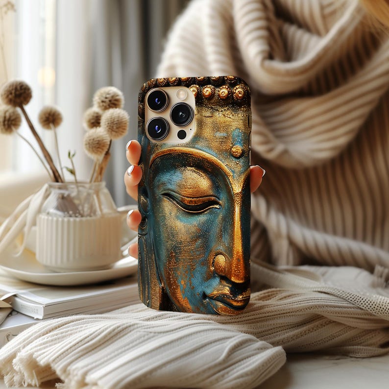 Gilded Buddha Face Phone Case: Magsafe Option Spiritual Art Cover Zen Meditation Peace Loving Case iPhone Samsung Google Pixel image 4