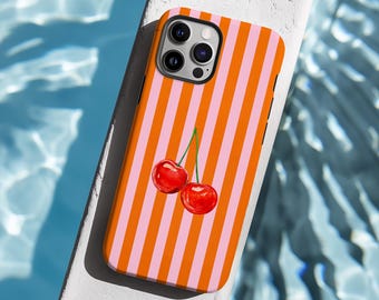 Striped Phone Case: MagSafe Options, Summer Retro Cherry Orange Pastel Pink Trendy Cute iPhone, Samsung Case Personalized name Gift