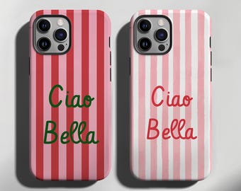 Ciao Bella Striped Phone Case: MagSafe Option, Red And Pink Striped Italian Summer Case iPhone, Samsung, Google Pixel, Protective Cover