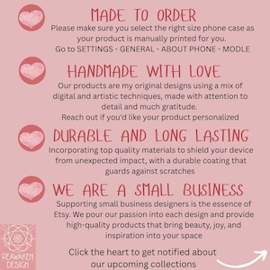 May include: A pink background with text that reads "MADE TO ORDER", "HANDMADE WITH LOVE", "DURABLE AND LONG LASTING", and "WE ARE A SMALL BUSINESS". The text is accompanied by heart-shaped illustrations.