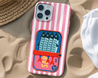 Sardine Tin Phone Case: MagSafe Option, Pink Striped Vintage Retro Cover Coastal Summer Casing iPhone, Samsung, Google Pixel