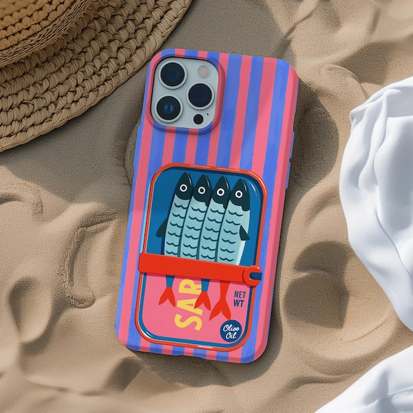 Retro Sardine Tin Phone Case: MagSafe Option Vintage Pink Striped Phone Cover Coastal Summer iPhone Google Pixel Samsung Tough Case