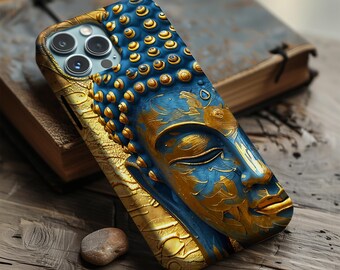 Golden Buddha Face Phone Case: MagSafe Option, Zen Buddhist Peace Loving Case Spiritual Art Cover iPhone, Samsung, Google Pixel