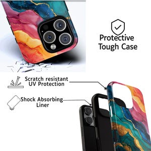 May include: A protective phone case with a colorful abstract design in shades of blue, pink, orange, and gold. The case is shown with a phone, and the image includes text that reads "Protective Tough Case", "Scratch resistant UV Protection", and "Shock Absorbing Liner."