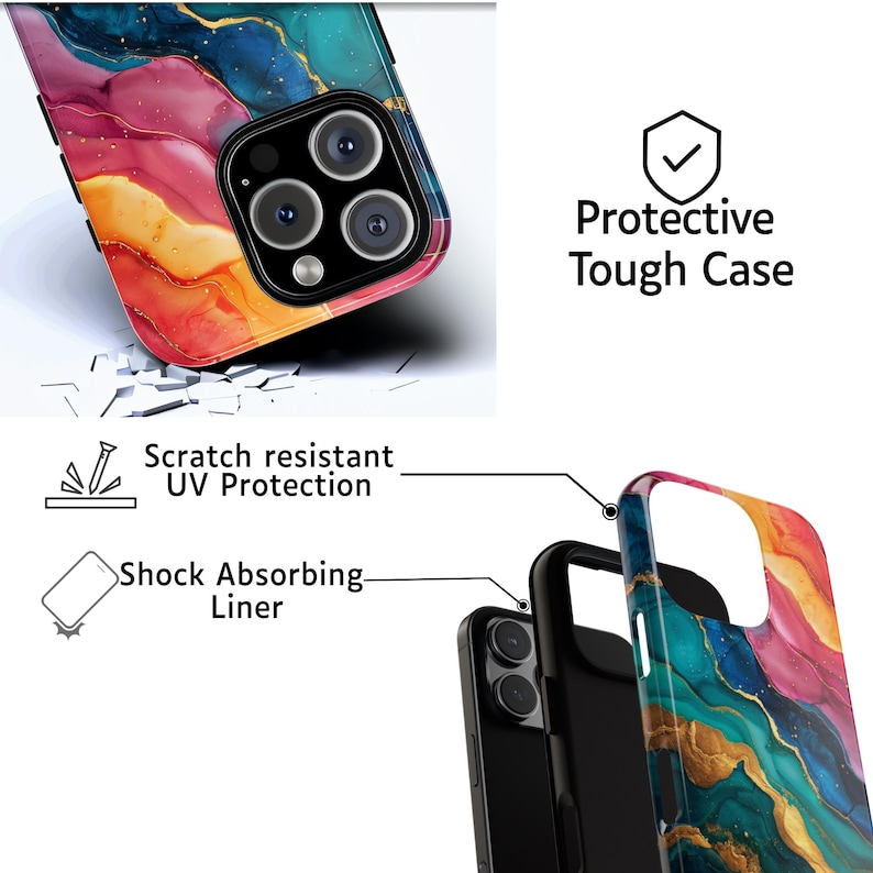 May include: A protective phone case with a colorful abstract design in shades of blue, pink, orange, and gold. The case is shown with a phone, and the image includes text that reads "Protective Tough Case", "Scratch resistant UV Protection", and "Shock Absorbing Liner."
