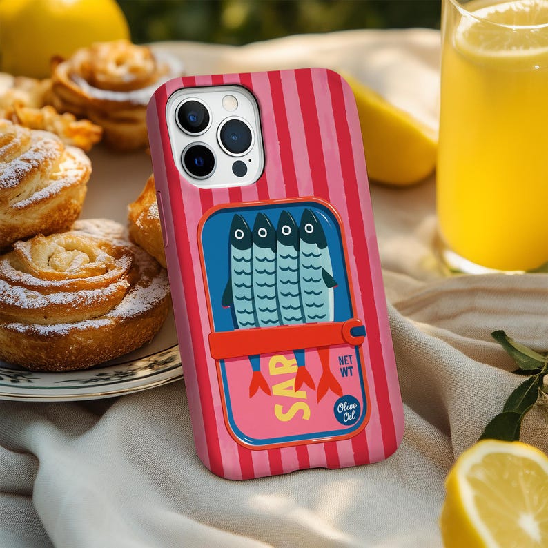 Retro Sardine Tin Phone Case: MagSafe Option Vintage Pink Striped Phone Cover Coastal Summer iPhone Google Pixel Samsung Tough Case afbeelding 4