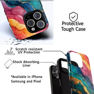 May include: A protective phone case with a colorful abstract design in shades of blue, pink, orange, and gold. The case is labeled as scratch-resistant with UV protection and a shock-absorbing liner. Text on the image says "Protective Tough Case" and "Available in iPhone Samsung and Pixel."
