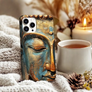 Gilded Buddha Face Phone Case: Magsafe Option Spiritual Art Cover Zen Meditation Peace Loving Case iPhone Samsung Google Pixel image 2