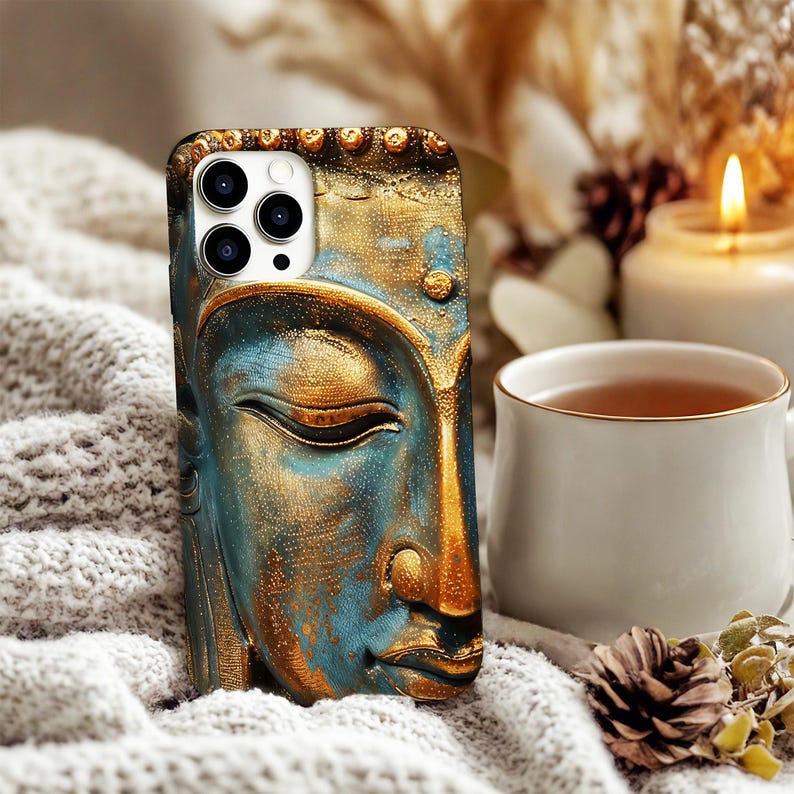 Gilded Buddha Face Phone Case: Magsafe Option Spiritual Art Cover Zen Meditation Peace Loving Case iPhone Samsung Google Pixel image 2