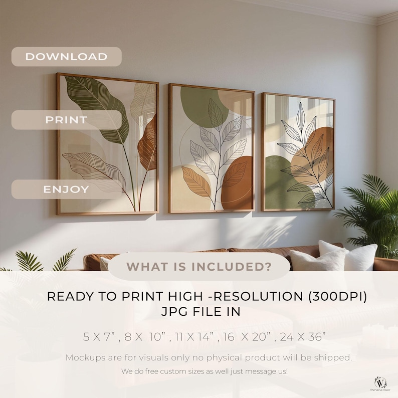 Puede incluir: Tres impresiones bot&aacute;nicas enmarcadas con dise&ntilde;os abstractos de hojas en tonos verdes, marrones y beige. Las impresiones son rectangulares con marcos de madera. El texto en la imagen incluye "DESCARGAR", "IMPRIMIR", "DISFRUTAR" y "LISTO PARA IMPRIMIR ARCHIVO JPG DE ALTA RESOLUCI&Oacute;N (300DPI) EN 5 x 7", 8 x 10", 11 x 14", 16 x 20", 24 x 36""