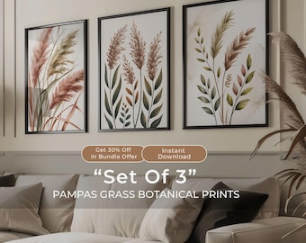 Juego de 3 piezas de arte mural de hierba de la pampa, estampado botánico bohemio, decoración en rosa polvoriento terracota, descarga digital imprimible instantánea.