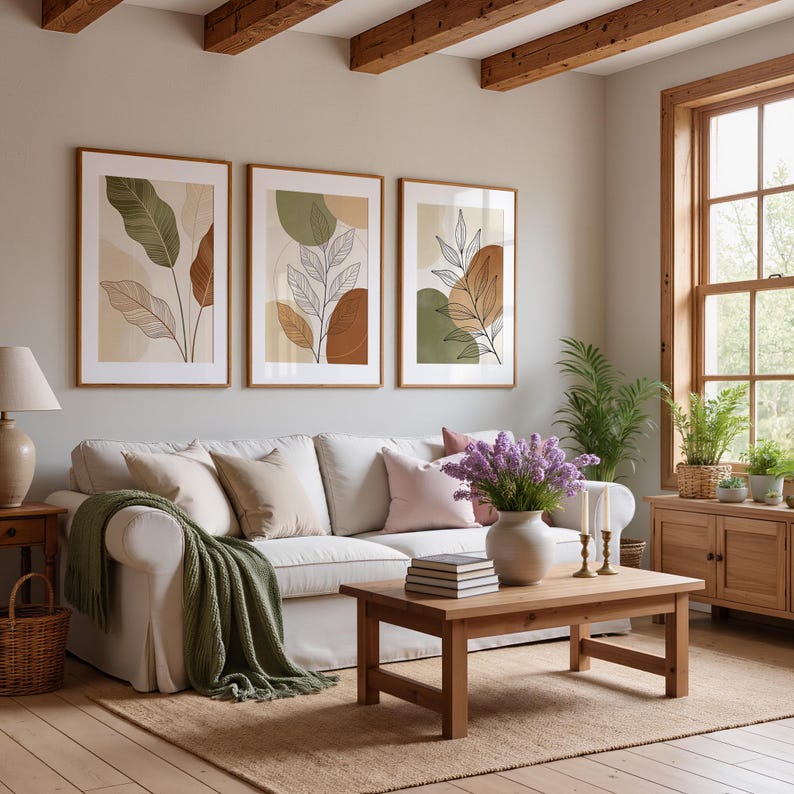 Puede incluir: Tres impresiones art&iacute;sticas bot&aacute;nicas enmarcadas con dise&ntilde;os abstractos de hojas en tonos verdes, marrones y beige cuelgan sobre un sof&aacute; blanco. Una mesa de centro de madera, un jarr&oacute;n con flores moradas y una manta verde completan el acogedor sal&oacute;n.