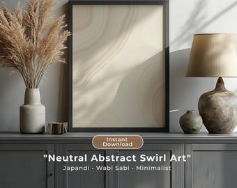 Arte mural abstracto con espirales beige, estampado japonés neutro, decoración minimalista wabi sabi, arte fluido orgánico, descarga digital imprimible