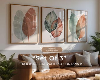 Juego de 3 piezas de arte de pared con hojas tropicales, estampado de acuarela en terracota verde salvia, decoración de dormitorio bohemia, descarga digital imprimible instantánea.