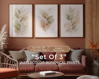 Juego de 3 impresiones de hojas botánicas en acuarela, arte de pared neutro en verde salvia, decoración de dormitorio bohemia terrosa, descarga digital imprimible.
