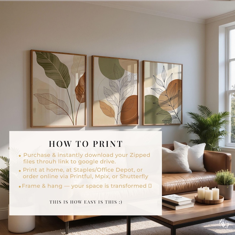 Juego de 3 impresiones de arte de pared bohemio: impresiones de hojas botánicas neutras, decoración bohemio minimalista, descarga digital instantánea imagen 2