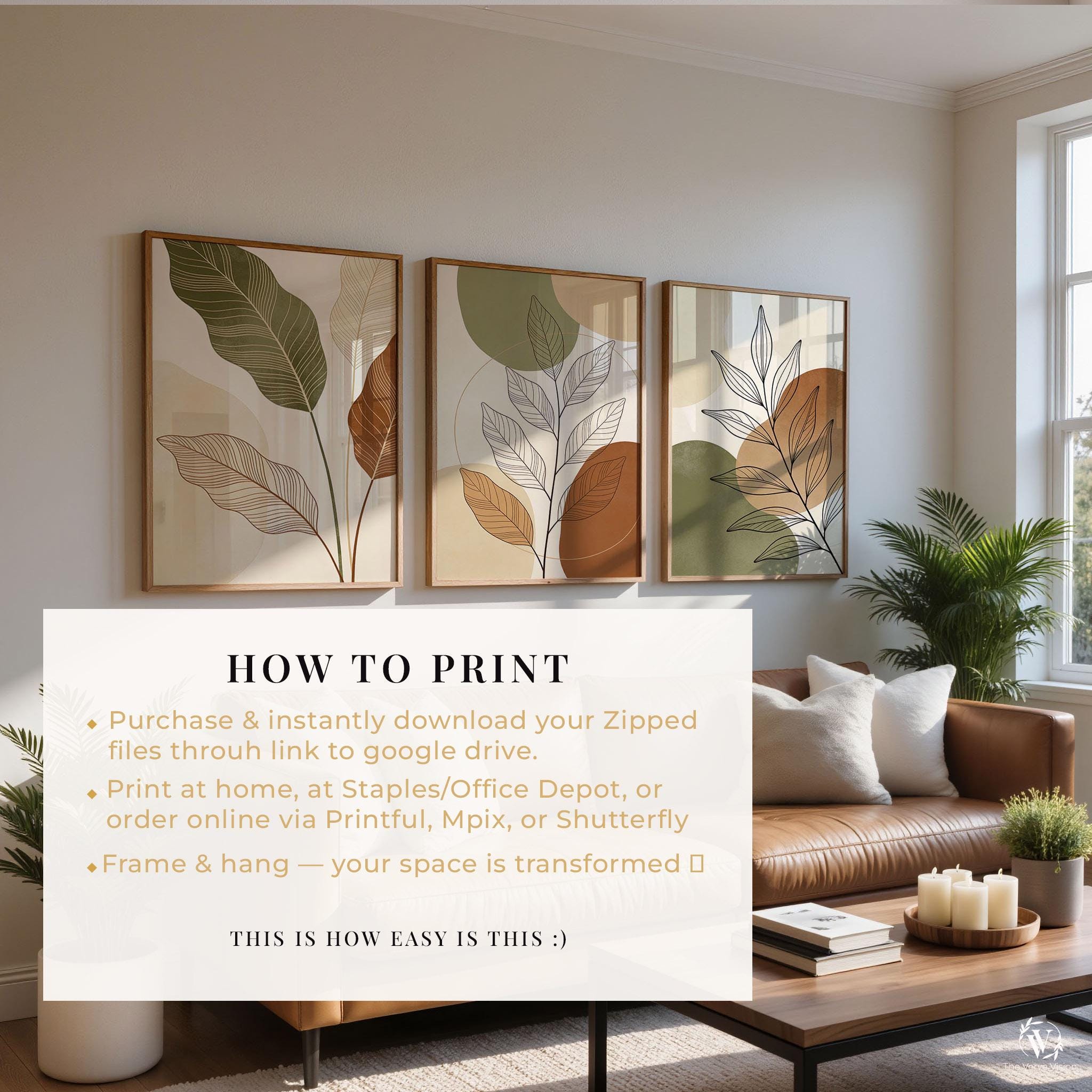 Boho Wall Art Printable Set of 3 – Neutral Botanical Leaf Prints ...