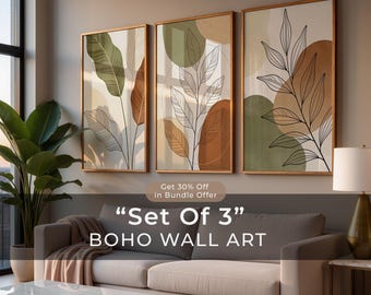 Juego de 3 impresiones de arte de pared bohemio: impresiones de hojas botánicas neutras, decoración bohemio minimalista, descarga digital instantánea